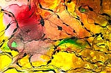 abstract artwork (acrylic on watercolor paper in yelllow-red-green)/black sketch strokes)