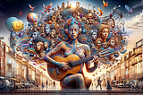 A woman playing the guitar with other musicians as her hair