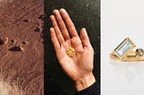 Triptych of reddish earth, a hand holding grains of gold, and a gold ring with aquamarine and sapphire gemstones