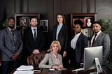 Six professionally dressed, formally posed men and women look directly at the camera.