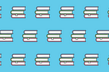 A pattern made up of a repeated icon of three books in a pile on top of each other. The top book has a lavender cover, the middle book has a forest green cover and the bottom book has an pastel pink cover. The piles of books are on an electric blue background.