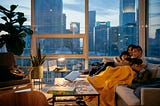 Photo of a family of five (two parents, three kids) reading together under a blanket on a couch in an Airbnb