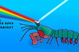 Drawing of mantis shrimp with white light entering its eyes and coming out as a spectrum. Bottom of spectrum has arrow pointing to below violet, and labeled “super duper ultraviolet.”