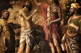 John the Baptist dressed in red baptizes Jesus, dressed in a white loin cloth. Two other people watch, one to the right and one to the left. The Holy Spirit is represented by a dove above Jesus.