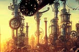 Shaded cartoon-style steampunk cityscape at sunset