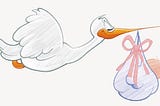 A drawing of a stork carrying a baby