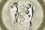 A mashup drawing of an AIDS virus with Adam and Eve as the nucleus. Eve is holding an apple, and instead of a serpent in the tree, strands of DNA twist on its trunk. Adam and Eve are taken from the famous painting by Lucas Cranach the Elder.