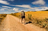 a person with walking sticks on a dirt path