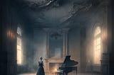 A somber artistic rendering of a woman in a gown in an old abandoned ballroom. She is standing and looking at a piano.