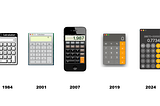 This image compares Apple design calculator apps from 1984 (black and white textured), 2001 (grey with a touch of glassmorphism), 2007 (extremely) skeuomorphic, 2019 (flat and card-like) and 2024 (flat with round buttons).