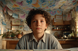 Young boy is surrounded by drawings