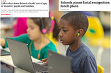 Image of a 7–8 year old black boy in a school classroom in front of a laptop with newspaper headlines that say “Calles to shut down Bristol school’s use of app to monitor pupils and families” and a second newspaper headline that states “Schools pause facial recognition lunch plans”