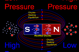 A permanent magnet with its north and south pole labeled. Overlaid are larger chunks moving from south to north inside the magnet, with smaller chunks backflowing. Larger chunks exit the north pole and travel around the magnet to the intake of the south, creating half of the flux lines around the magnet. The smaller chunks do the same in the opposite direction.