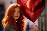 Young woman holding a heart shaped balloon.