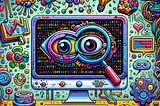 A vibrant and creative doodle representing AI detection software. The scene depicts a whimsical computer screen displaying a magnifying glass scanning over lines of code, with cartoonish eyes symbolizing the software’s vigilance. The code on the screen contains playful symbols and characters, suggesting the detection of AI-generated content. Around the screen, digital icons such as gears, neural networks, and binary code float in space, illustrating the technology behind the software.