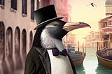 A penguin in a top hat in Venice, AI art made in Midjourney