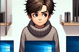 A digital illustration of a young boy with short, dark hair, wearing a grey sweater, looking suspiciously at a display of new Arm Windows PCs. The boy’s expression shows suspicion and curiosity. He is standing in front of a desk with several sleek, modern Arm Windows PCs. The background includes tech-themed decor and shelving, maintaining a soft and neutral color scheme.
