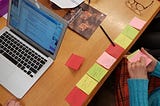 shows a wooden table top with coloured post it notes and a laptop