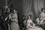 antique picture of Victorian men and women talking