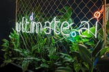 A neon sign of ultimate.ai surrounded by greenery.