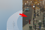 A comparison between the template file on the left with only gray stairs and a stick figure and the final scene with a autumn city street.