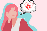 Woman thinking about marriage in a thought bubble with a husband and wife touching foreheads in a heart circle