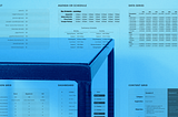 Image collage with various examples of tabular data layouts on a blue background with a physical table in the background