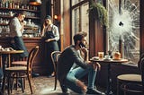 A young man crouched on the floor of a cafe talking on his phone, next to a smashed window. Two female baristas in the background.