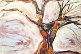 acrylic painting of two bare branched tree dryads by Juliette Jarvis