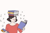 A girl studying, holding books in her hands, and some books on top of her head