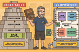 Inheritance vs Composition diagram in OOP showing monolithic class hierarchy vs modular, swappable components for flexible system design