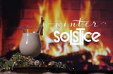 virtual fireplace with eggnog and winter decor in forground
