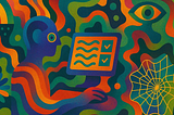 Trippy abstract illustration of someone sitting at a computer screen, suggesting design work.