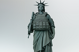 Illustration of the Statue of Liberty wearing a tactical vest, holding an M4A1 rifle and standing with a resolute expression. Conveys a sense of preparedness, power, and tension, blending the iconic symbol of freedom with militaristic elements.