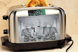 A toaster with AI capabilities, indicated by an AI graphic and image of AI robots on the side of the toaster. A bagel has just popped up.