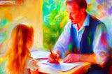 Tutoring of a girl by a man holding pen to a sheet of paper, bright, colorful, impressionist style