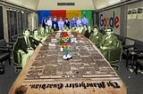 A boardroom with a long table; executives are clustered around it in 1960s garb. The table’s surface has been replaced with a 19th century edition of the Manchester Guardian. The back wall of the room has been redone in Google logo color stripes. One wall features a Google logo. In the middle of the table stands a cartoon mascot with white gloves and booties and the head of a grinning poop emoji. He is striped with the four colors of the Google logo.