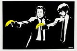 Banksy stencil art inspired by John Travolta and Samuel Jackson’s characters from Pulp Fiction holding droopy bananas instead of pistols.