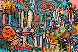 Semi illustration featuring large, playful rabbit-like creatures with exaggerated facial features, surrounded by vibrant plants and swirling patterns. The scene includes elements like carrots, exaggerated eyes, and whimsical shapes, with a bold, graphic style reminiscent of pop art that suggest people watching. Drawn for this post by Artist Francois Top.