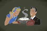 A woman sniffs in approval a fresh baked cream pie held by a man.