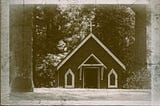 Scratchy black and white photo of a small country church.