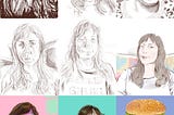 A grid of 9 self-portrait drawings of a woman in various ontological states