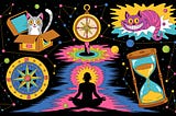 A psychedelic, colorful digital illustration showcasing a whimsical blend of elements: Schrödinger’s cat popping out of a box, a glowing compass pointing in all directions like Jack Sparrow’s, a Cheshire Cat floating in the sky grinning, a quantum particle storm around a human silhouette meditating in lotus pose, an hourglass melting like in a Dali painting, and strings connecting each object like constellations. The style is surreal, vibrant, humorous, and eye-catching