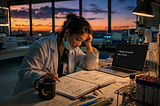 A female Medical Laboratory Scientist writes in a notebook after a long hospital shift in a quiet laboratory at sunset. A laptop beside her displays the words “I Work Around the Clock…” while a half-empty coffee mug and handwritten notes symbolize creativity surviving exhaustion.