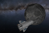A beautiful screenshot of our spacecraft in front of the Moon, from Kerbal Space Program.