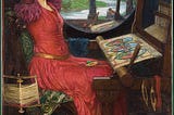 A young brunette woman in rich red medieval dress with golden belt sits in front of a loom, her hands in her hair. Outside lies the castle of Camelot.