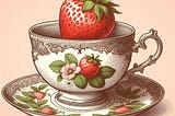 a vector drawing of bone china tea cup and saucer with Victorian illustration of a ripe strawberry on it against a pale pink background