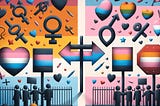 An image depicting two similar groups with opposing views — each has variations on the trans pride flag, gender symbols and other queer-aligned imagery.