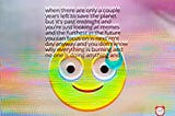 A manically smiling a sweating emoji sits in front of a static filled rainbow hued screen, a small red clock is in bottom right corner. The text reads “where there are only a couple of years left to save the planet but it’s after midnight and you’re just looking at memes and the furthest in the future you can focus on is next rent day anyway and you don’t know why everything is burning and no one is doing anything and” #metaverse #digitalax #digifizzy #vr #fashion #web3 #crypto