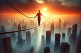 Man walking across a cityscape on a high-wire.